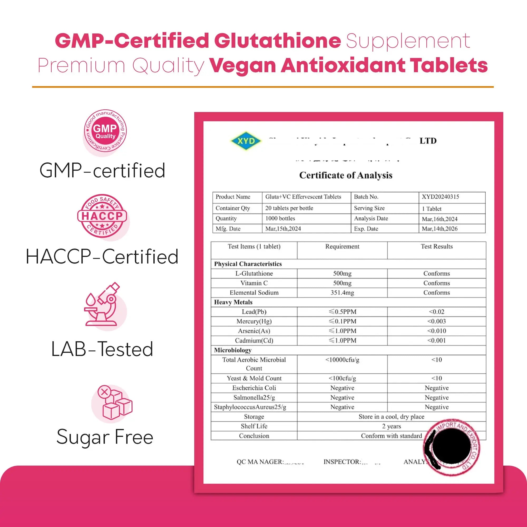 Vegan, non-GMO, sugar-free strawberry flavour glutathione and vitamin C effervescent tablets with benefits icons.