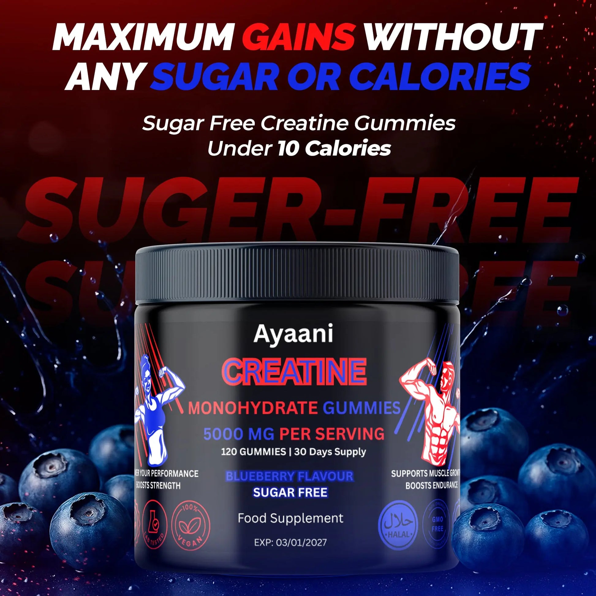 “Sugar Free” badge on creative gummy image – under 10 calories per serving, sugar-free creatine supplement