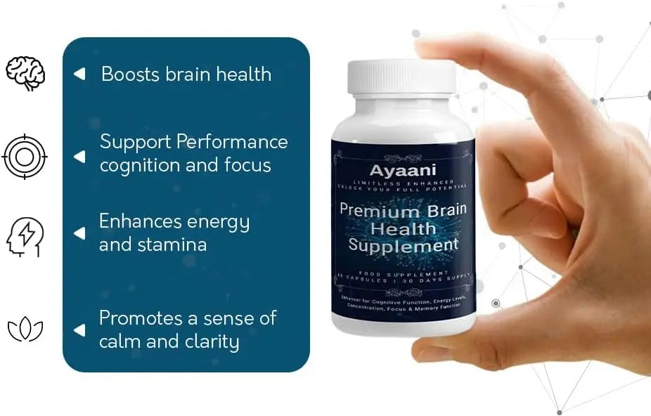 Ayaani Brain Health Supplement bottle with illustrated brain background – supports focus and mental clarity