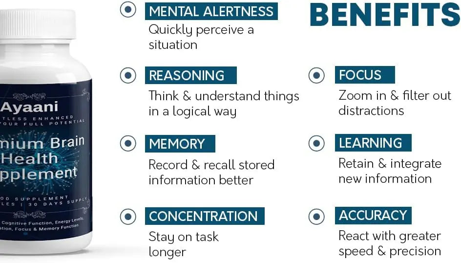 Ayaani Brain Supplement benefits – improves reasoning, learning, accuracy, concentration, and mental alertness