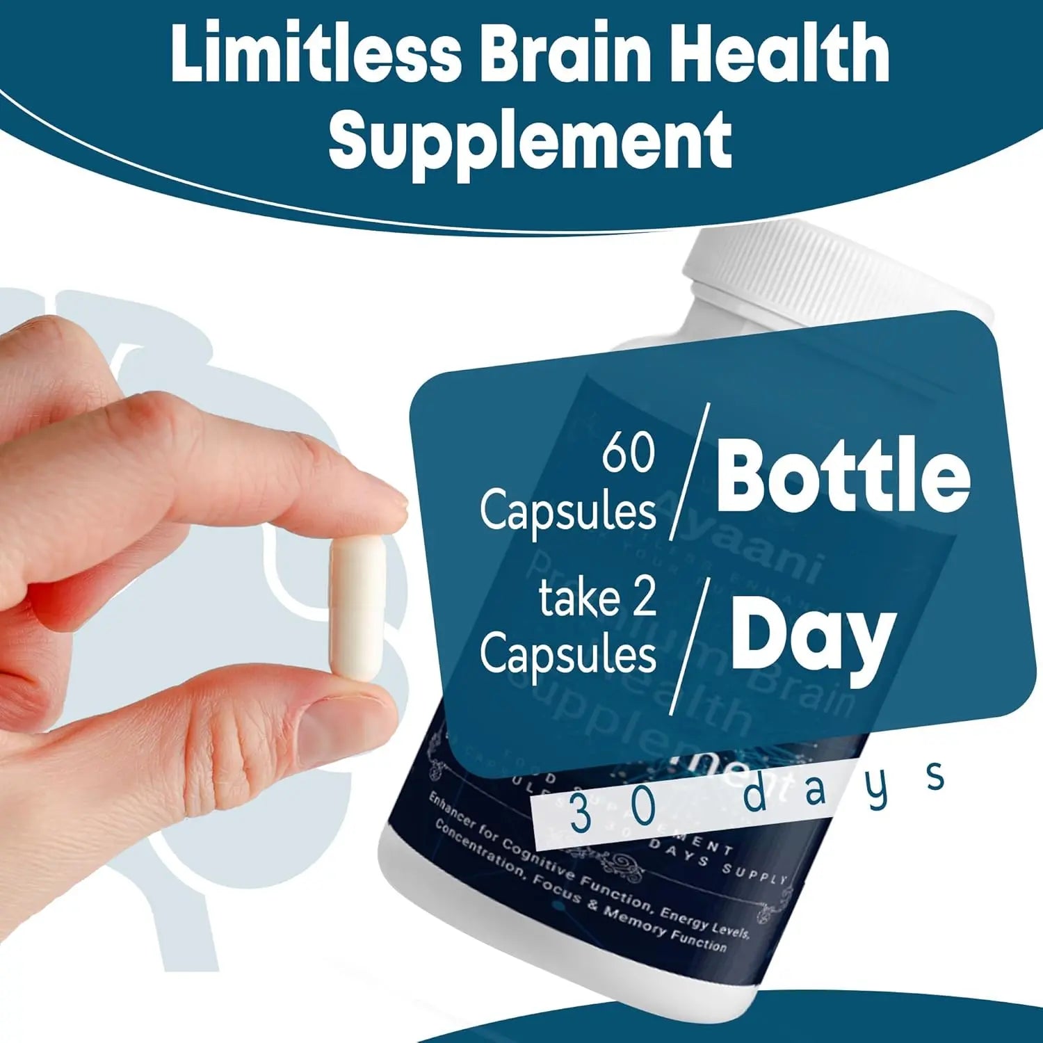 Ayaani Brain Health Supplement dosage – 60 capsules, 2 daily for 30 days of enhanced brain support