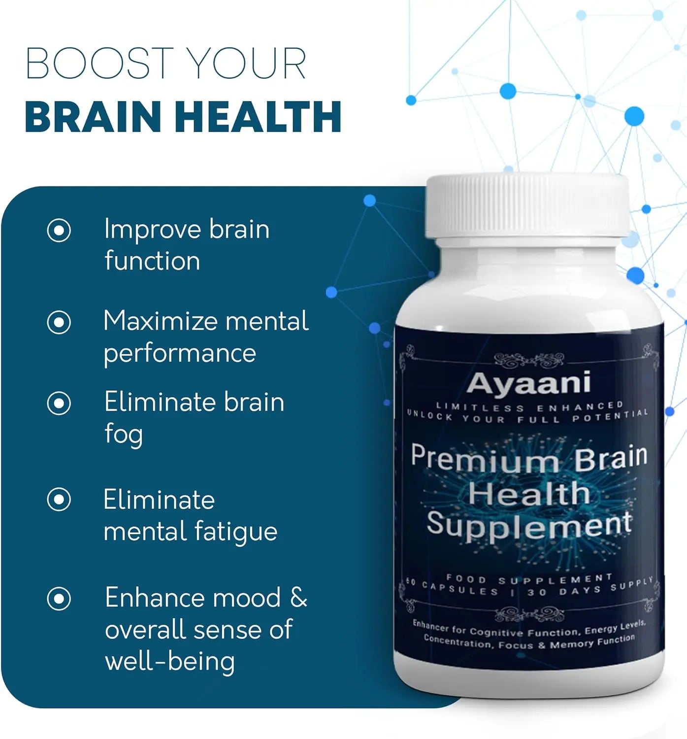 Ayaani Brain Supplement improves alertness, reasoning, focus, memory, clarity, concentration, learning, and accuracy