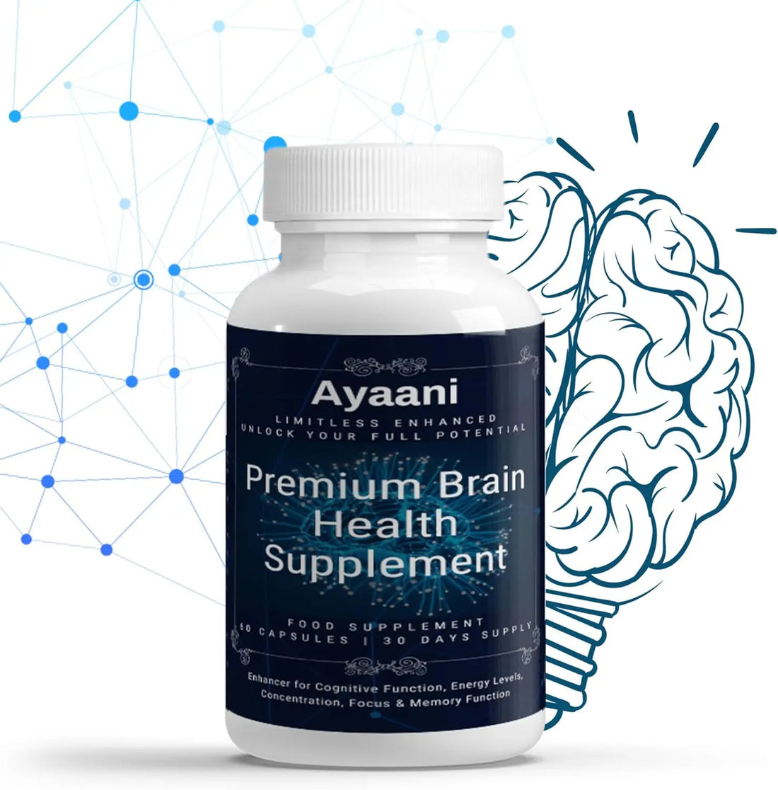 Ayaani Premium Brain Health Supplement – 60 vegan capsules for focus, memory, and cognitive performance.