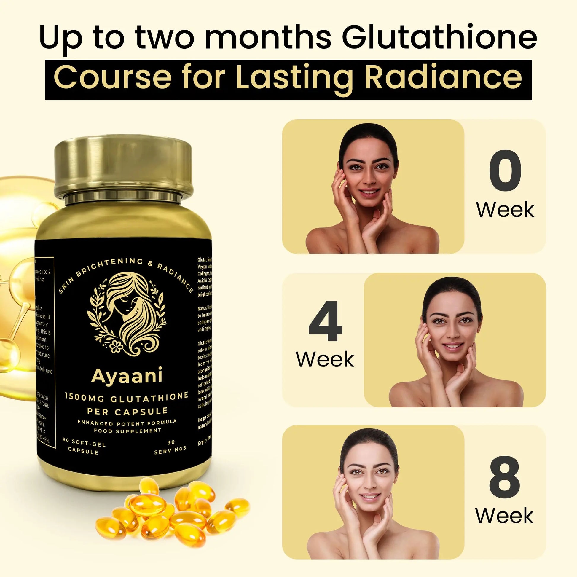 Ayaani Glutathione 2-month skin brightening course showing visible radiance results at 0, 4 and 8 weeks.