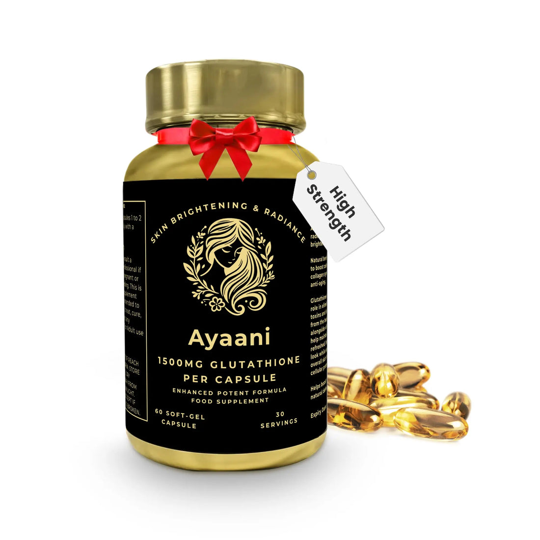 Ayaani Glutathione 1500mg capsules with Vitamin C, CoQ10, Collagen and antioxidant blend for skin defence.