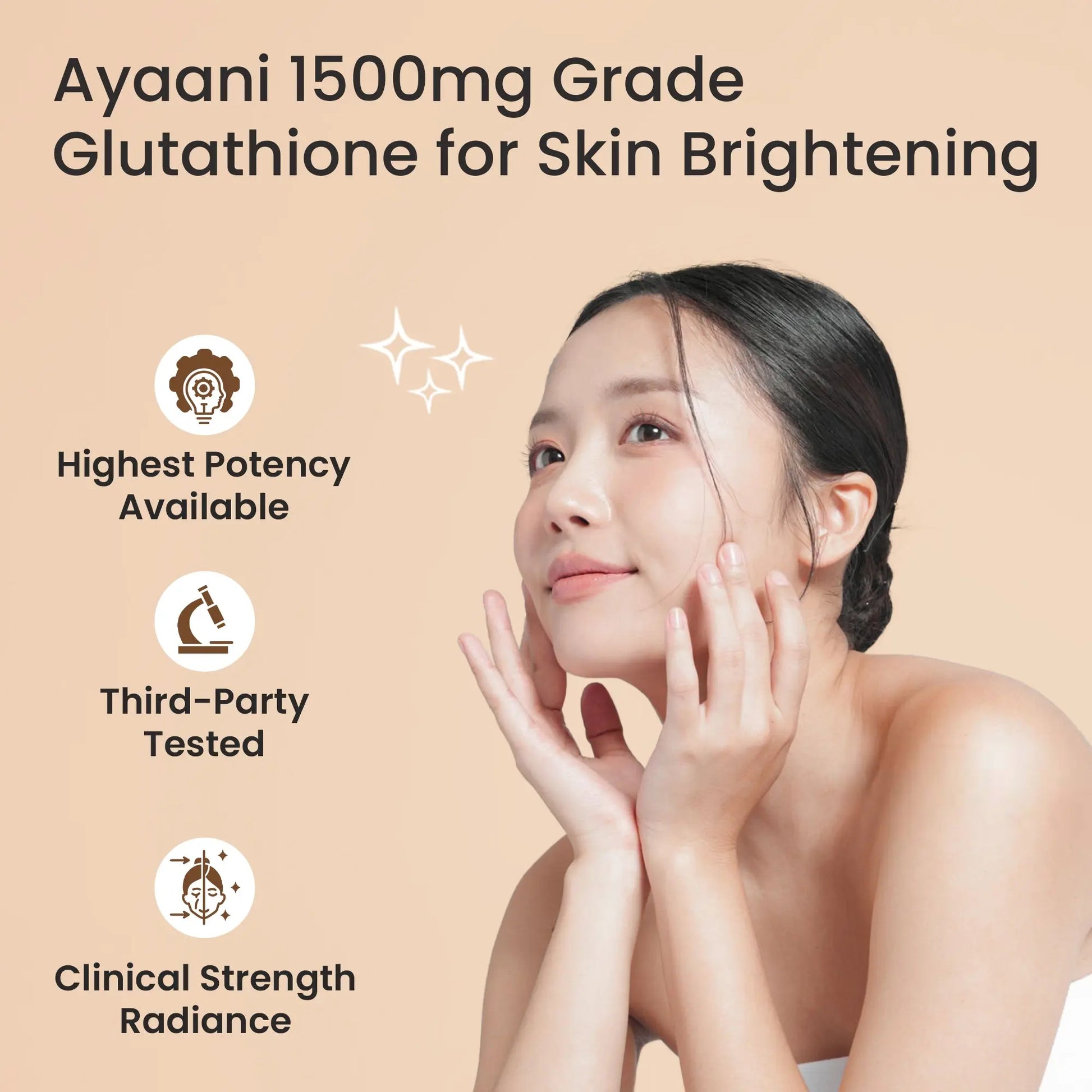 Clinical strength Ayaani Glutathione 1500mg – third-party tested skin brightening supplement for radiant skin.