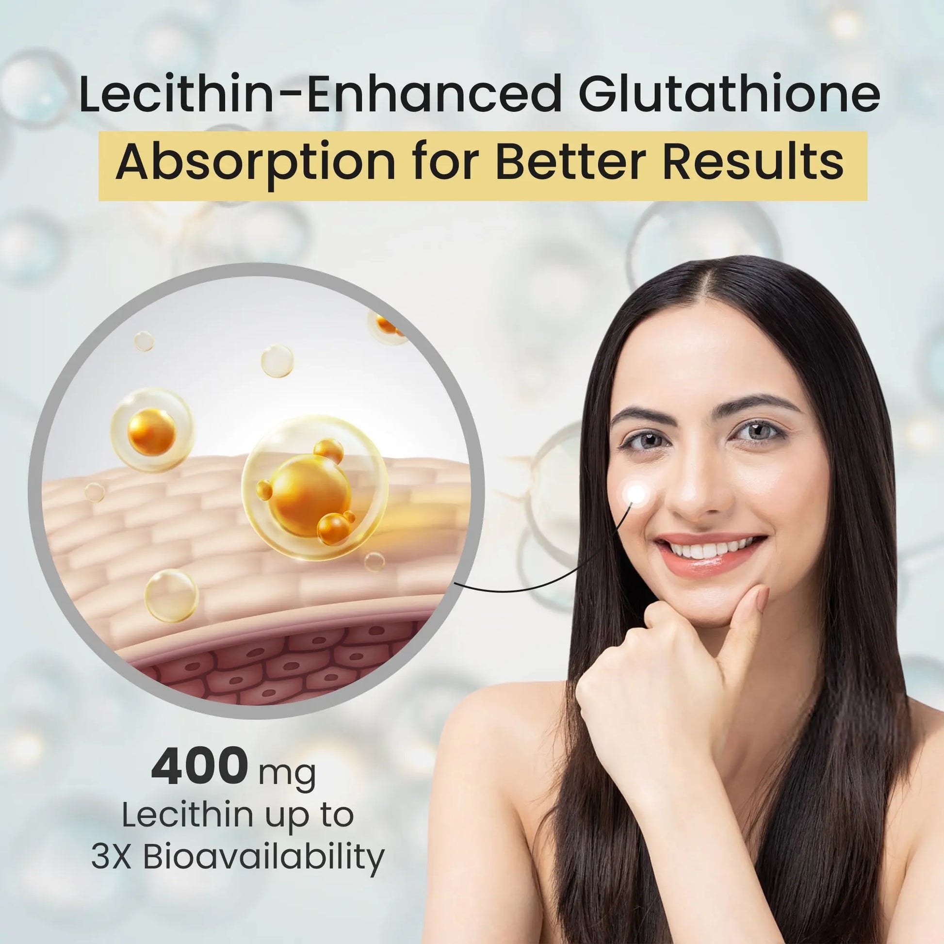 Ayaani Glutathione with lecithin-enhanced absorption for maximum skin brightening results.