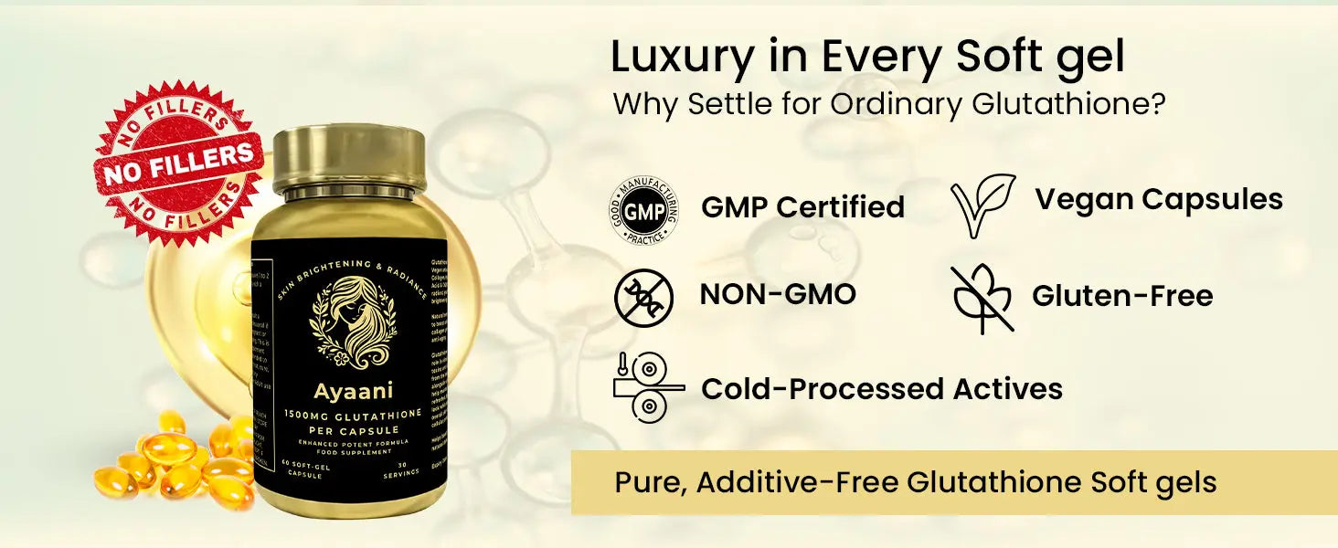 Premium UK-developed Ayaani Glutathione softgels – vegan, non-GMO, gluten-free and GMP certified.