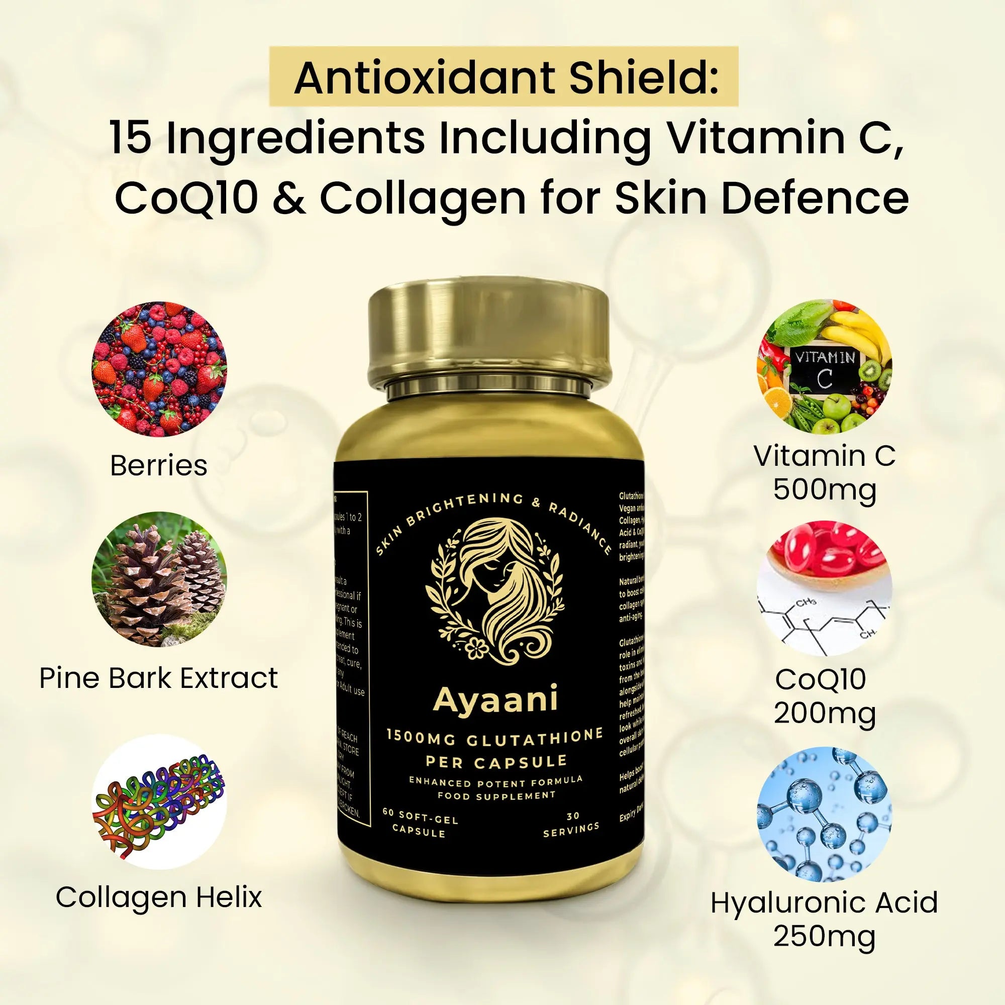 Ayaani Glutathione supplement facts panel with 15 ingredients including collagen, CoQ10, Vitamin C and berry extracts.