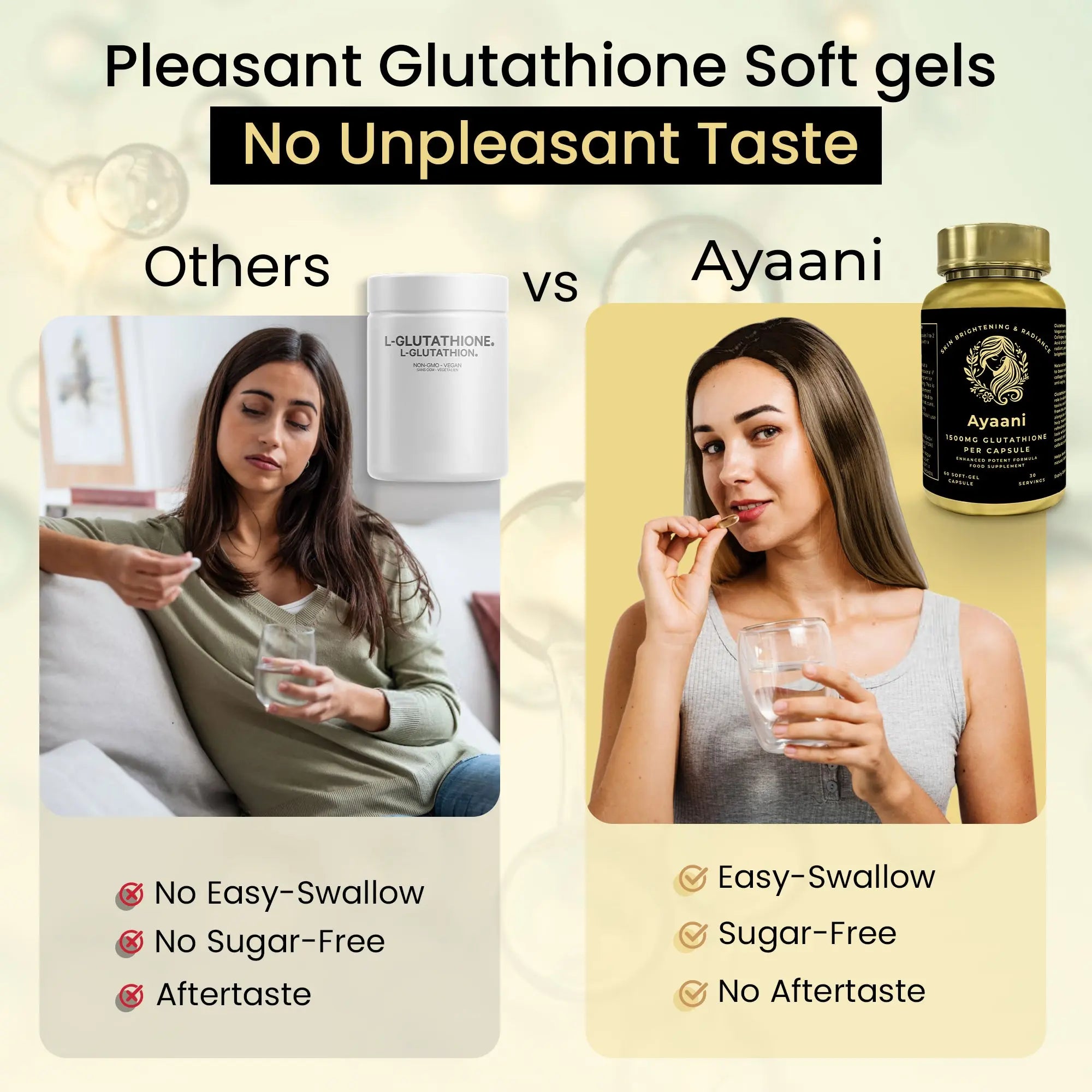 Comparison of Ayaani Glutathione softgels versus standard supplements – sugar free, easy swallow, no aftertaste.