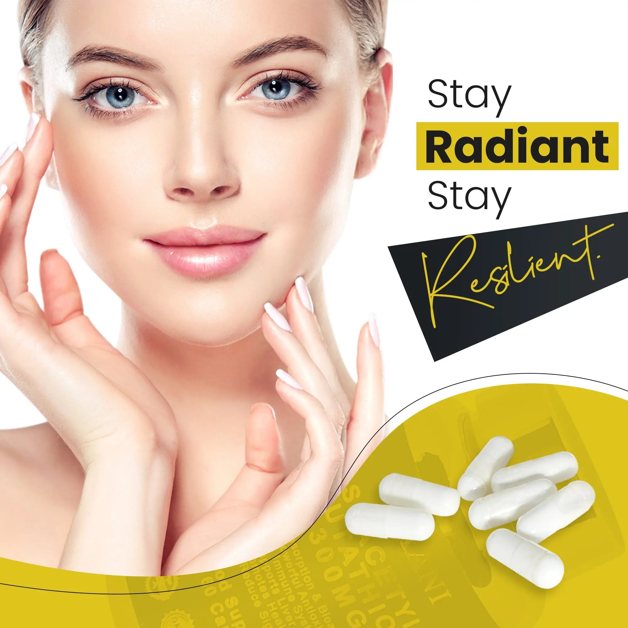 Woman with radiant skin holding Ayaani S-Acetyl Glutathione, promoting antioxidant protection and glowing complexion.