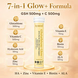 Ayaani Glutathione Glow+ Peach infographic showing the 7-in-1 formula with reduced glutathione, vitamin C, hyaluronic acid, zinc, vitamin E, biotin and alpha-lipoic acid