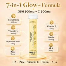 Ayaani Glutathione Glow+ Peach infographic showing the 7-in-1 formula with reduced glutathione, vitamin C, hyaluronic acid, zinc, vitamin E, biotin and alpha-lipoic acid