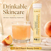 Ayaani Glutathione Glow+ Peach flavour effervescent beauty drink image highlighting drinkable skincare, skin glow, brightening and radiant skin support