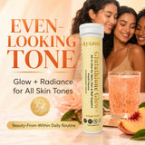 Ayaani Glutathione Glow+ Peach lifestyle image highlighting glow, radiance and even-looking tone support for all skin tones