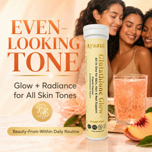 Ayaani Glutathione Glow+ Peach lifestyle image highlighting glow, radiance and even-looking tone support for all skin tones