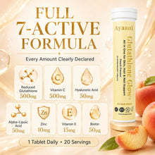 Ayaani Glutathione Glow+ Peach infographic showing every amount clearly declared across the full 7-active formula for a 20-serving daily routine