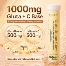 Ayaani Glutathione Glow+ Peach image showing the 1000mg Gluta plus vitamin C base with 500mg glutathione, 500mg vitamin C and five added beauty nutrients