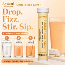 Ayaani Glutathione Glow+ Peach preparation image showing how to drop one tablet into 200ml water, allow it to fizz, then stir and sip
