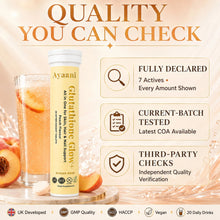 Ayaani Glutathione Glow+ Peach quality image highlighting fully declared actives, current-batch testing, third-party checks, GMP and HACCP quality, vegan formulation and 20 daily drinks