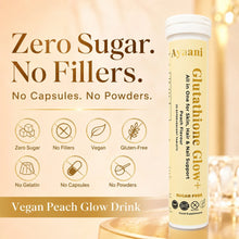 Ayaani Glutathione Glow+ Peach effervescent beauty drink image highlighting zero sugar, no fillers, vegan and gluten-free formula with no capsules or powders