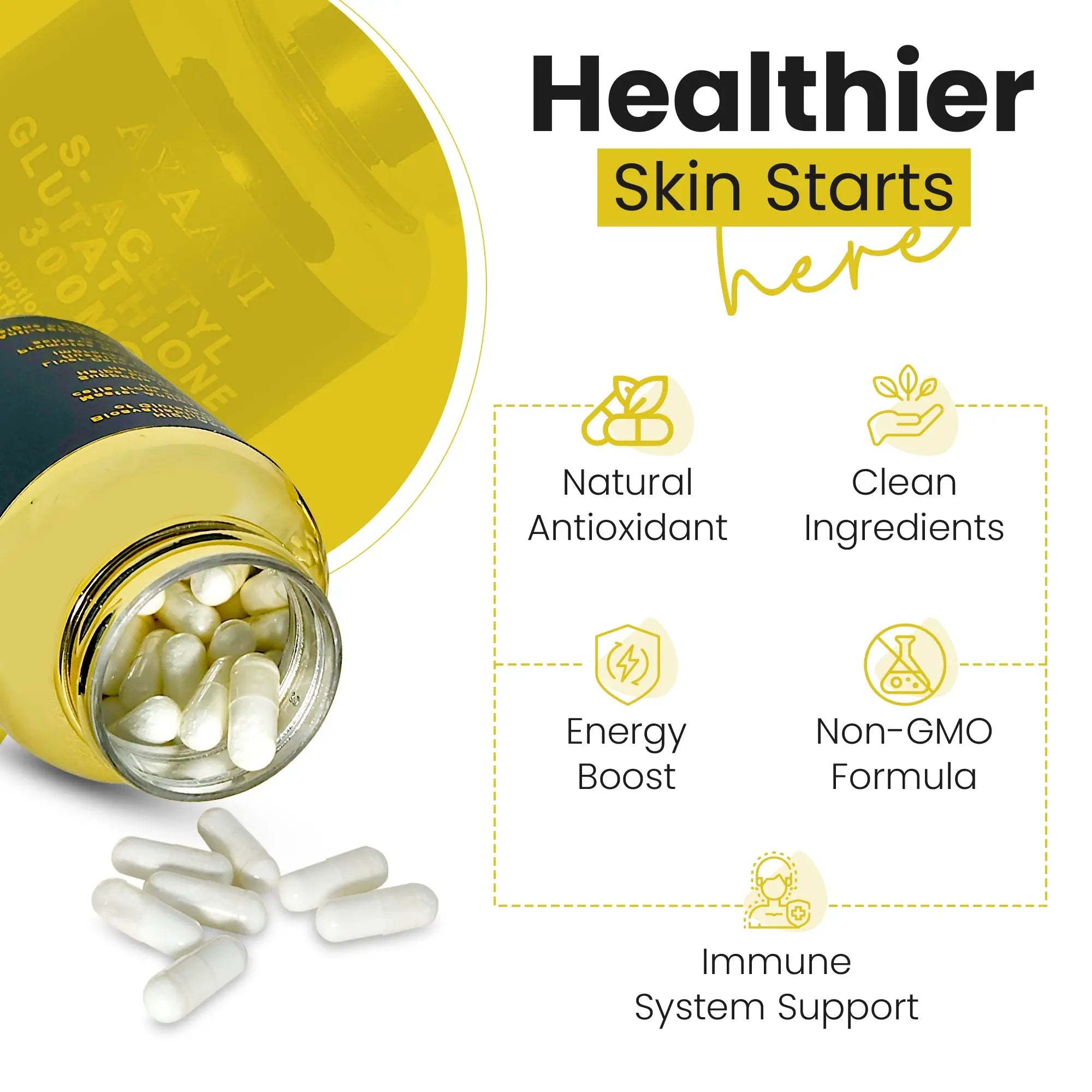 Ayaani Glutathione capsules with natural antioxidant, clean ingredients, non-GMO formula and immune system support.