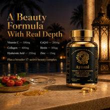 Ayaani glutathione softgels image showing key beauty formula actives including vitamin C, collagen, hyaluronic acid, CoQ10, biotin and zinc