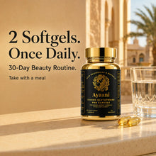 Ayaani glutathione softgels daily routine image showing 2 softgels once daily for a 30-day beauty routine