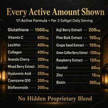 Ayaani glutathione softgels formula image showing every active amount per 2-softgel serving with no hidden proprietary blend