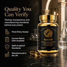 Ayaani glutathione softgels quality image highlighting third-party testing, current-batch COA availability, GMP and HACCP standards, and UK manufacturing