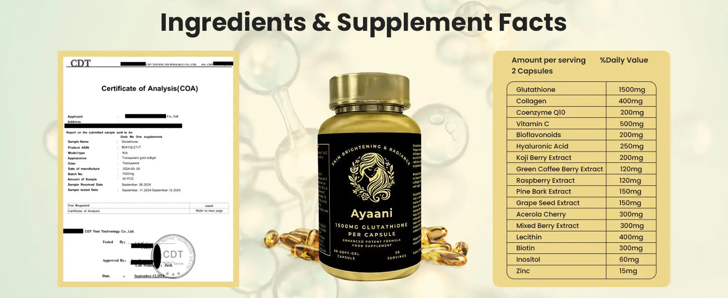 Ayaani Glutathione supplement facts panel with 15 ingredients including collagen, CoQ10, Vitamin C and berry extracts.