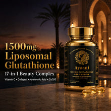 Ayaani 1500mg liposomal glutathione softgels with 17-in-1 beauty complex featuring vitamin C, collagen, hyaluronic acid and CoQ10