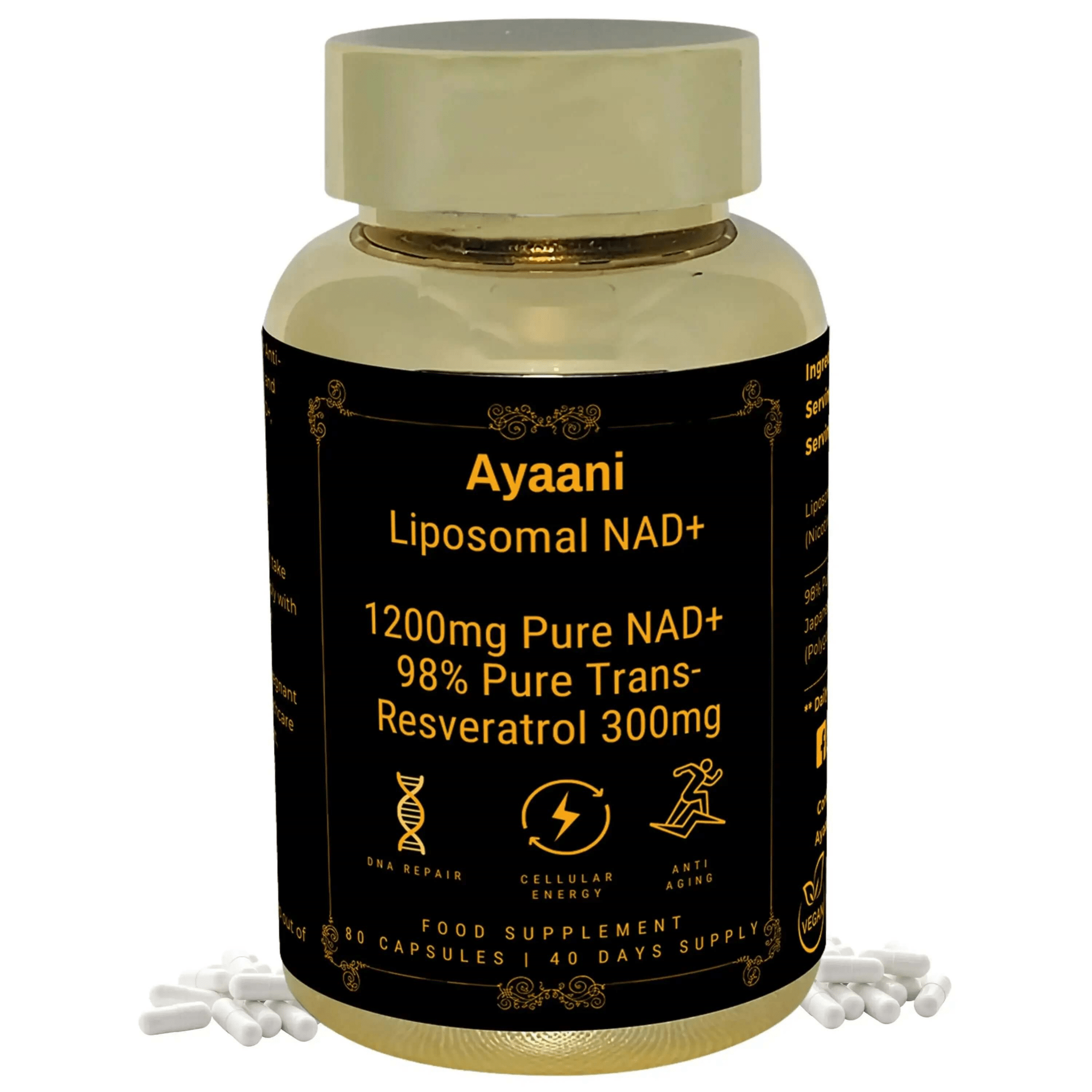 Ayaani Liposomal NAD+ supplement bottle – 1200mg NAD+ and 300mg Trans-Resveratrol capsules for cellular energy and anti-aging.