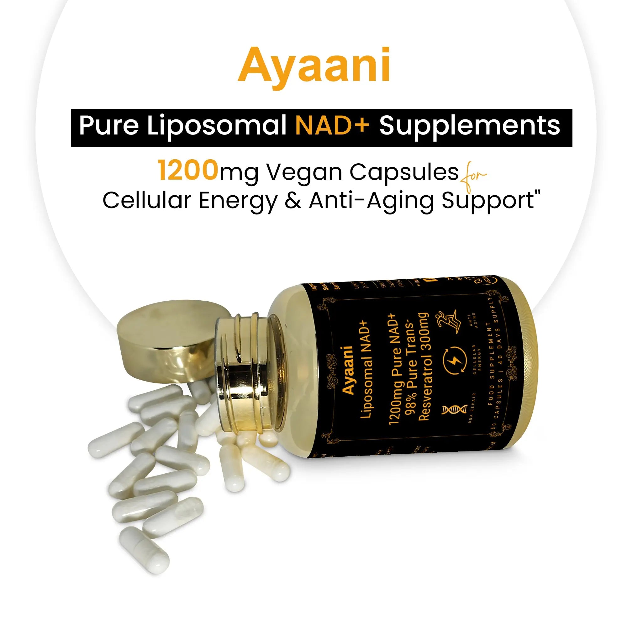 Vegan-friendly Ayaani NAD+ capsules with pure 1200mg NAD+ and 98% Trans-Resveratrol for energy and longevity.