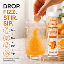Ayaani Orange effervescent beauty drink preparation: drop tablet, fizz, stir and sip after fully dissolving