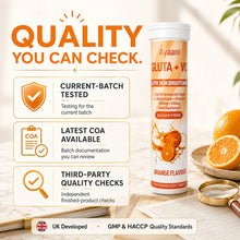 Ayaani Orange glutathione effervescent quality image highlighting current-batch testing, latest COA, third-party checks, UK development and GMP HACCP standards