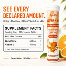 Ayaani Orange effervescent supplement facts showing 500mg L-glutathione and 500mg vitamin C per tablet, 20 tablets