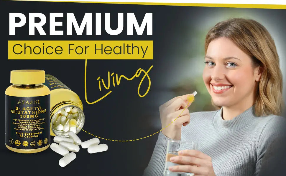 Premium choice for healthy living – woman taking Ayaani S-Acetyl Glutathione capsules for energy and skin health.