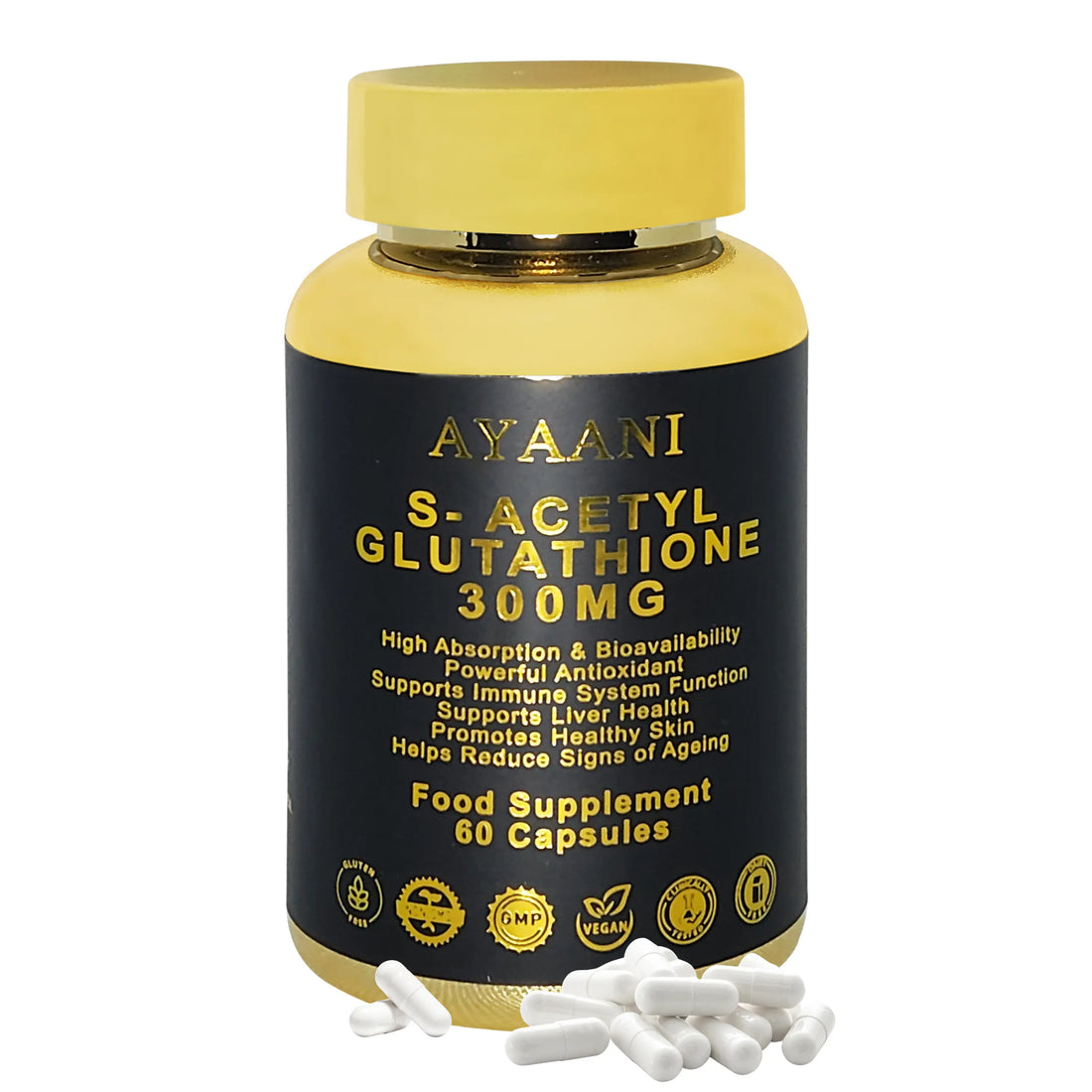 Ayaani S-Acetyl Glutathione 300mg bottle – premium antioxidant supplement for skin, liver health and immune support.