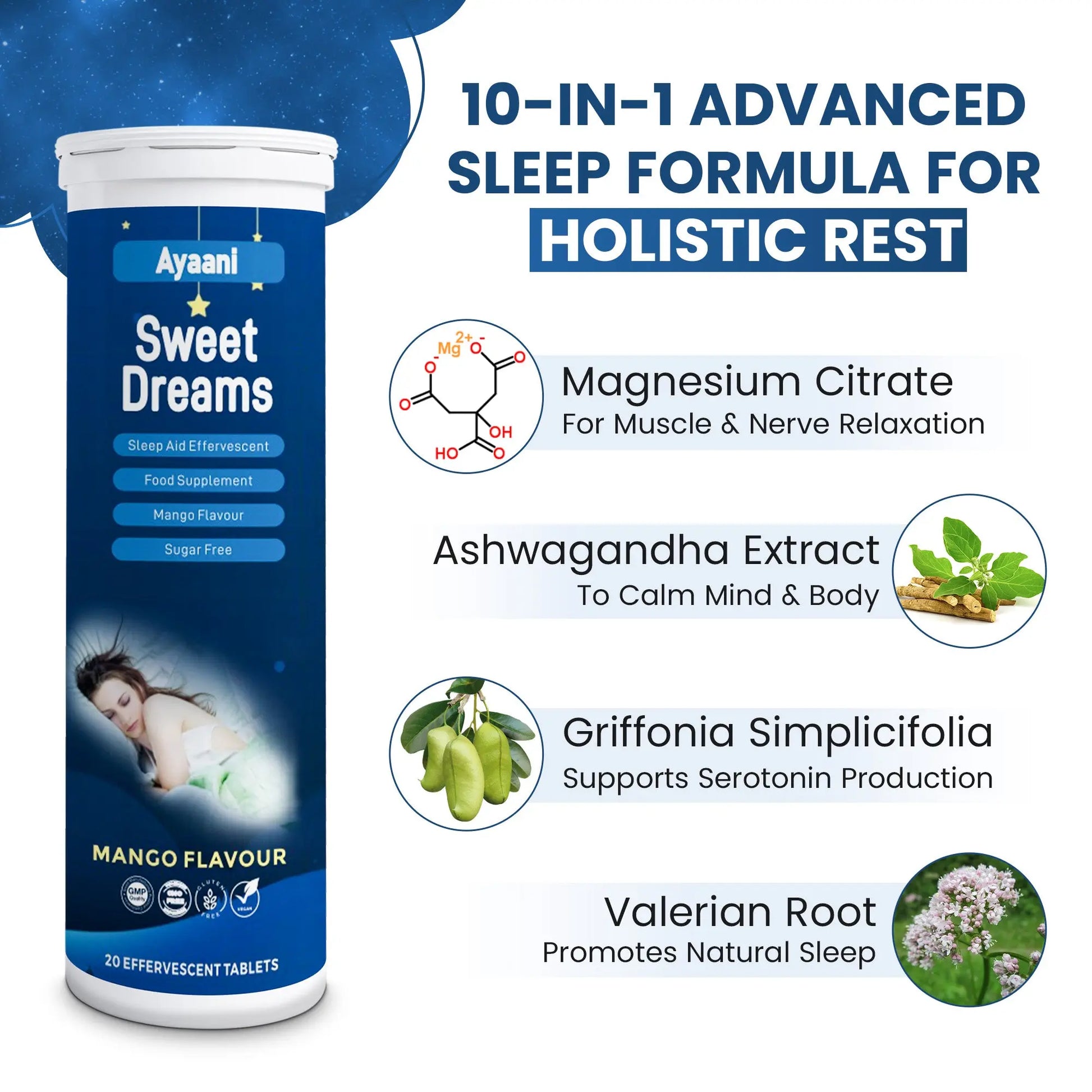 Mango-flavoured Sweet Dreams effervescent sleep tablets with natural herbs and calming bedtime drink.