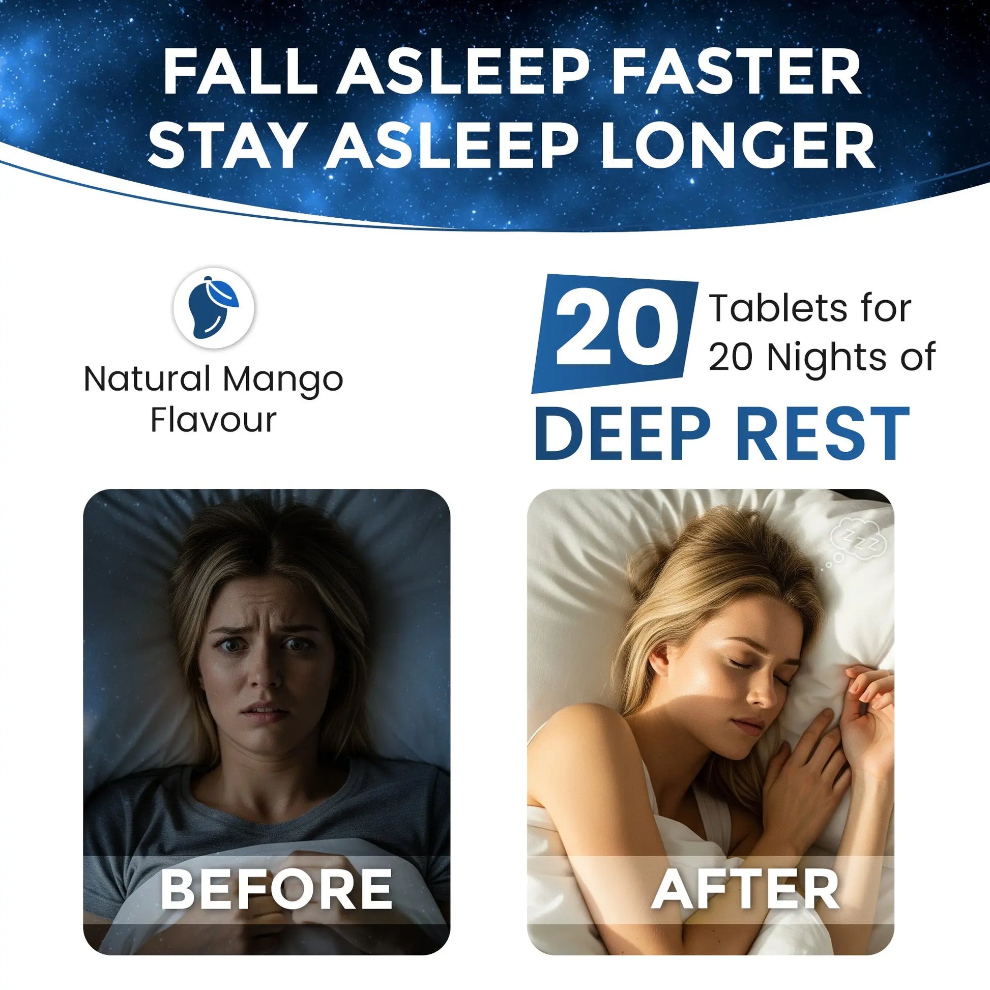 Before and after results of Ayaani Sweet Dreams sleep tablets showing improved rest and deep sleep with natural mango flavour.