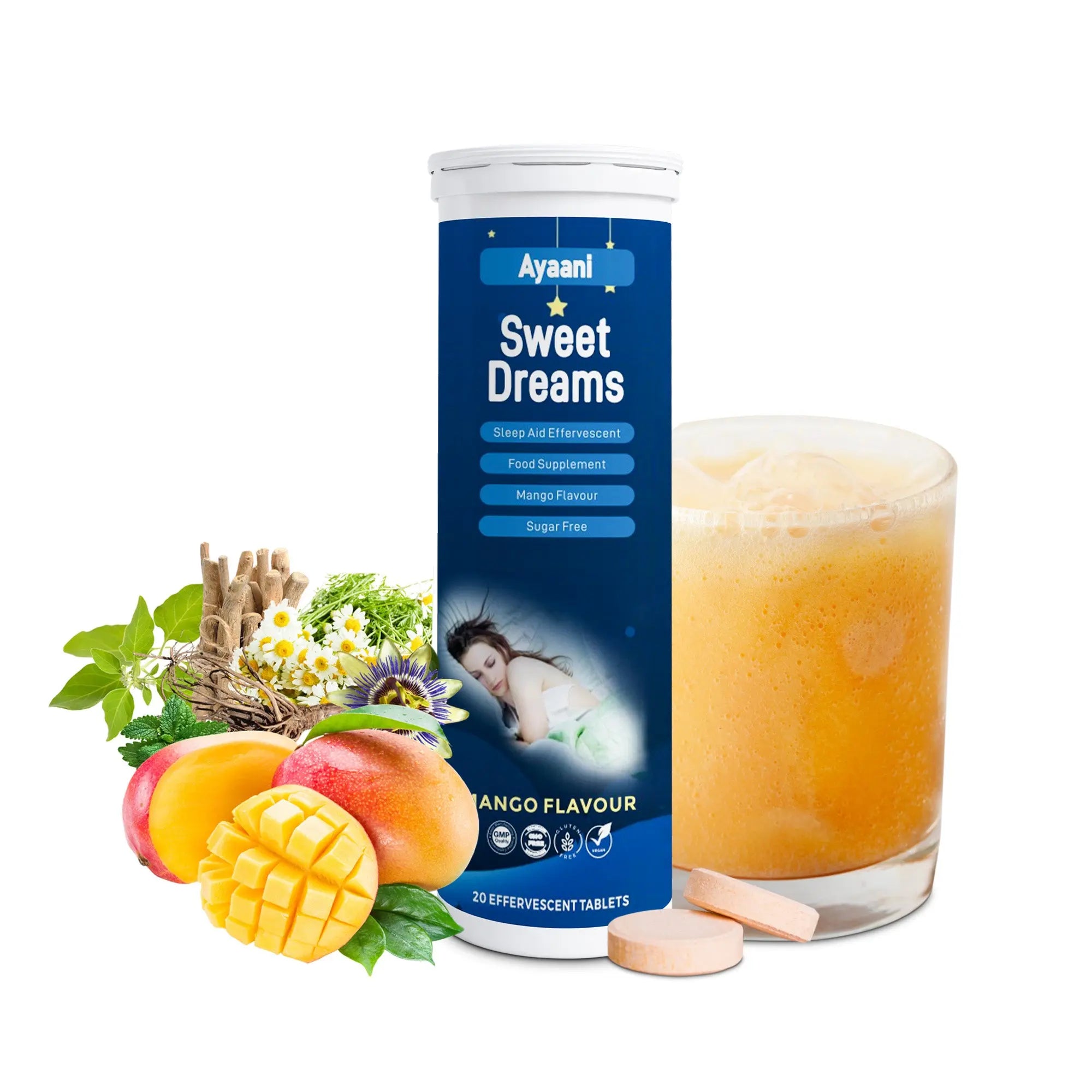 Ayaani Sweet Dreams sleep tablets with magnesium, ashwagandha, griffonia, and valerian root for holistic rest.