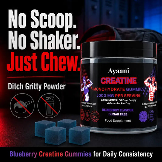 Creatine Gummies 5000mg serving with sugar-free vegan blueberry formula