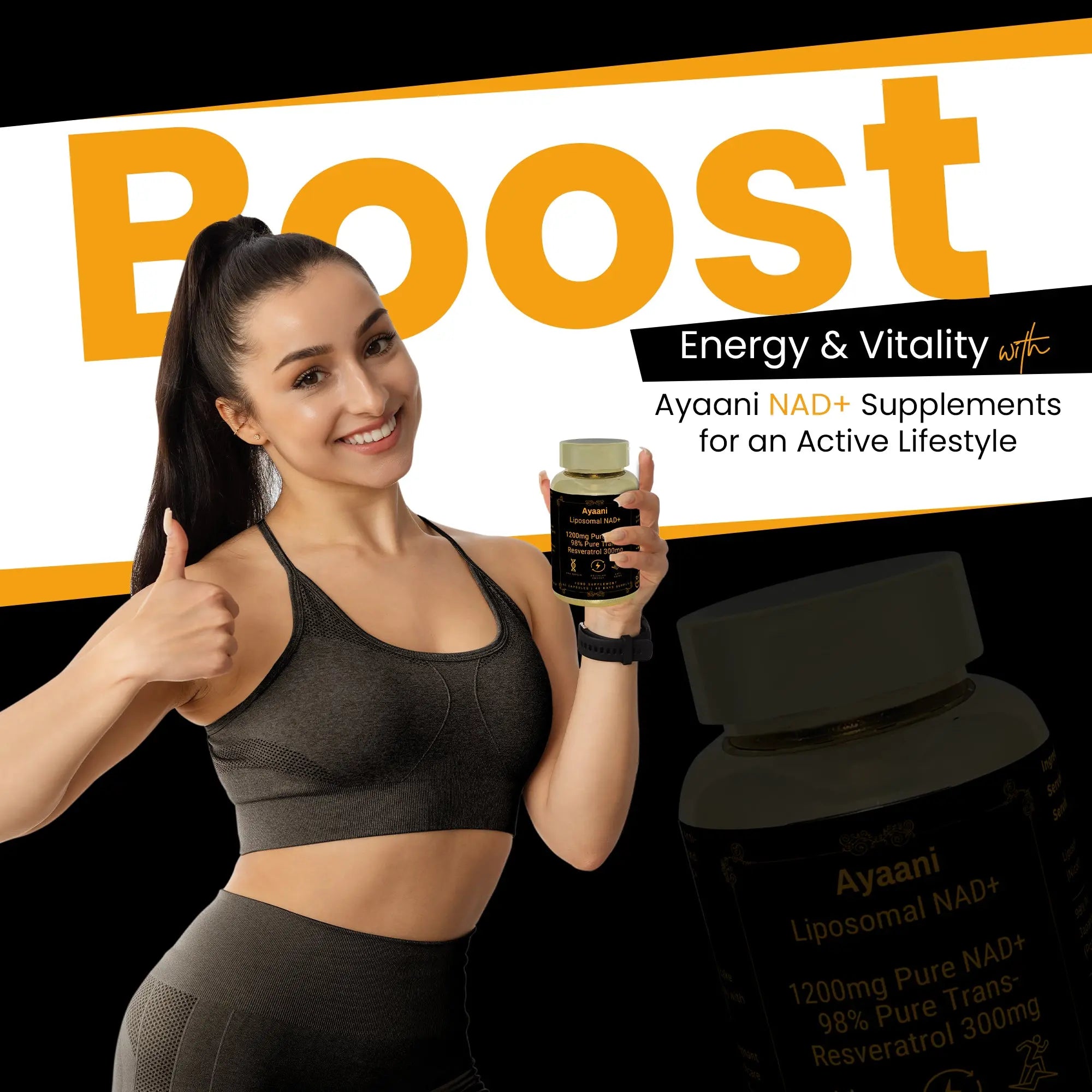 Woman holding Ayaani NAD+ supplement, promoting energy, vitality, and an active lifestyle.
