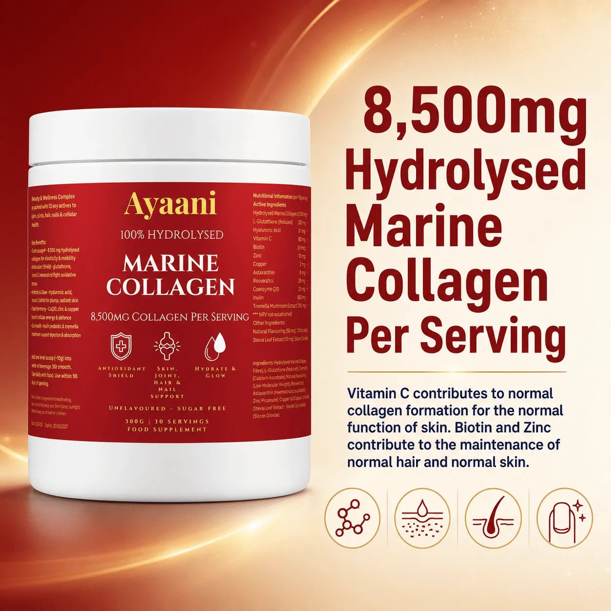 Marine Collagen Complex 8,500mg | Skin, Hair, Nails & Joints | Ayaani UK