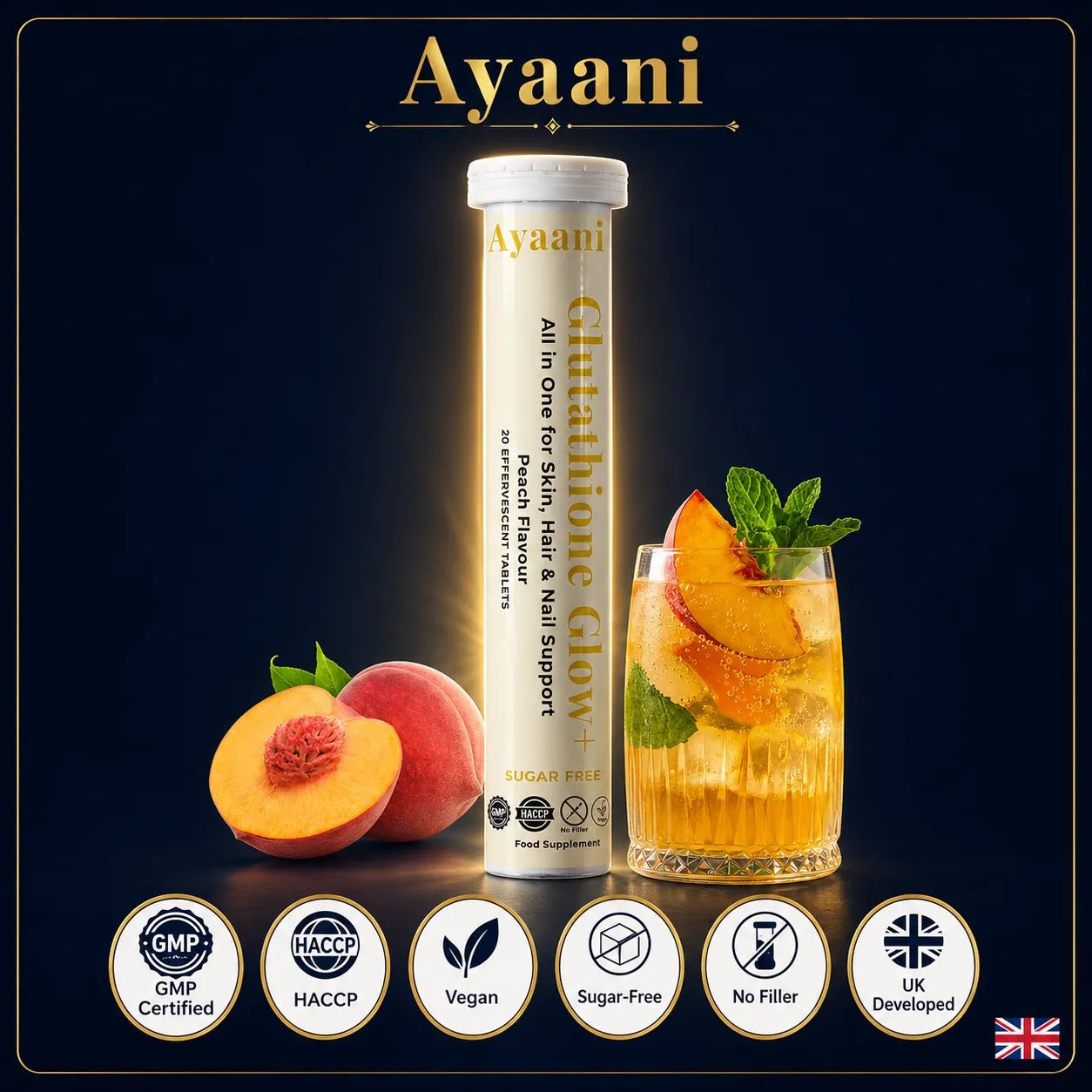 Glutathione Glow+ 1200mg Effervescent | Peach | Vitamin C & Hyaluronic Acid | Ayaani UK