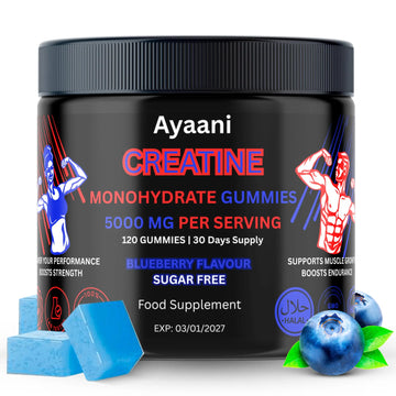 Ayaani Creatine Monohydrate Gummies jar – 5000 mg per serving, sugar-free blueberry flavour, 120 gummies (30 days)