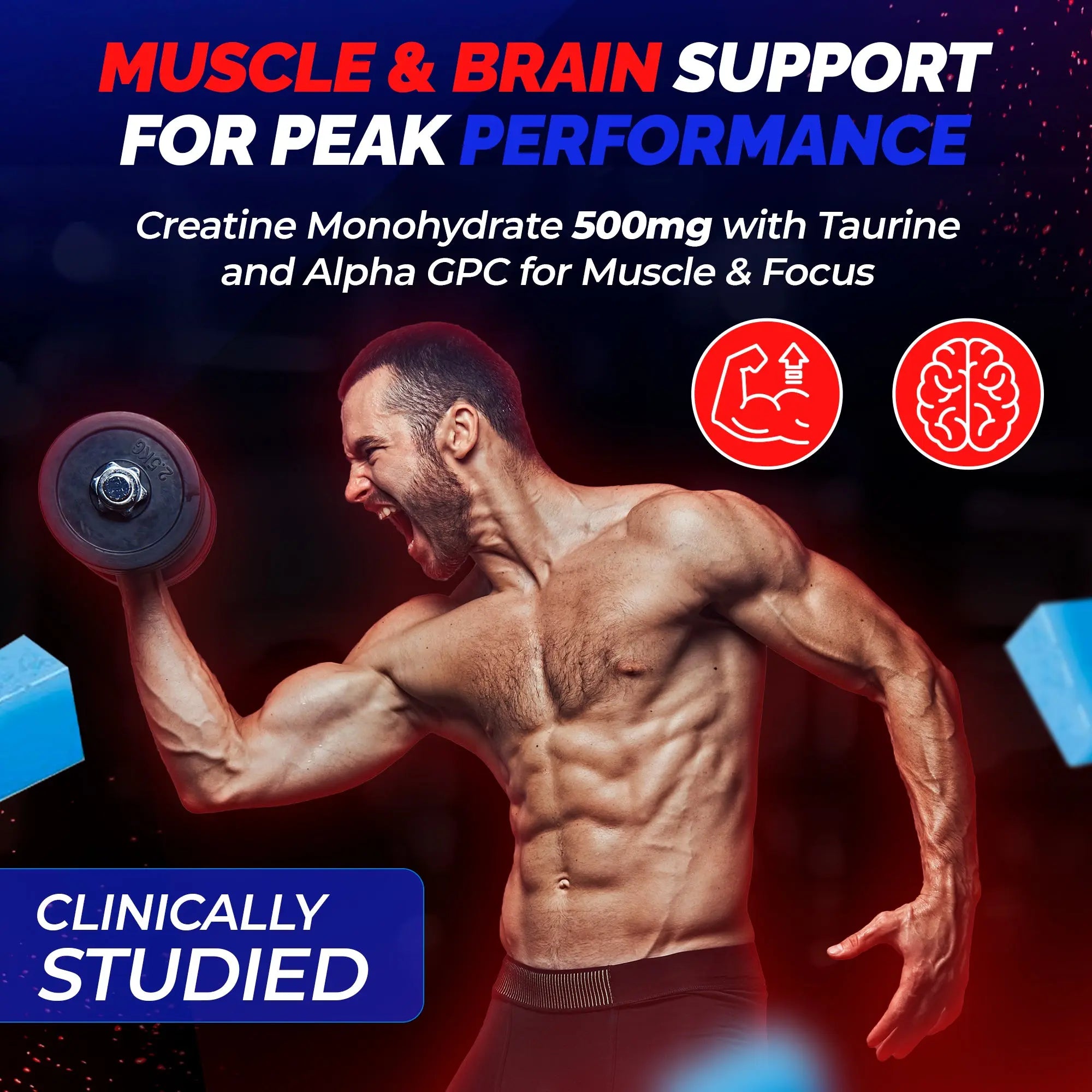 Muscular athlete raising weight – highlighting Ayaani Creatine Gummies delivering muscle & cognitive support with taurine and Alpha-GPC