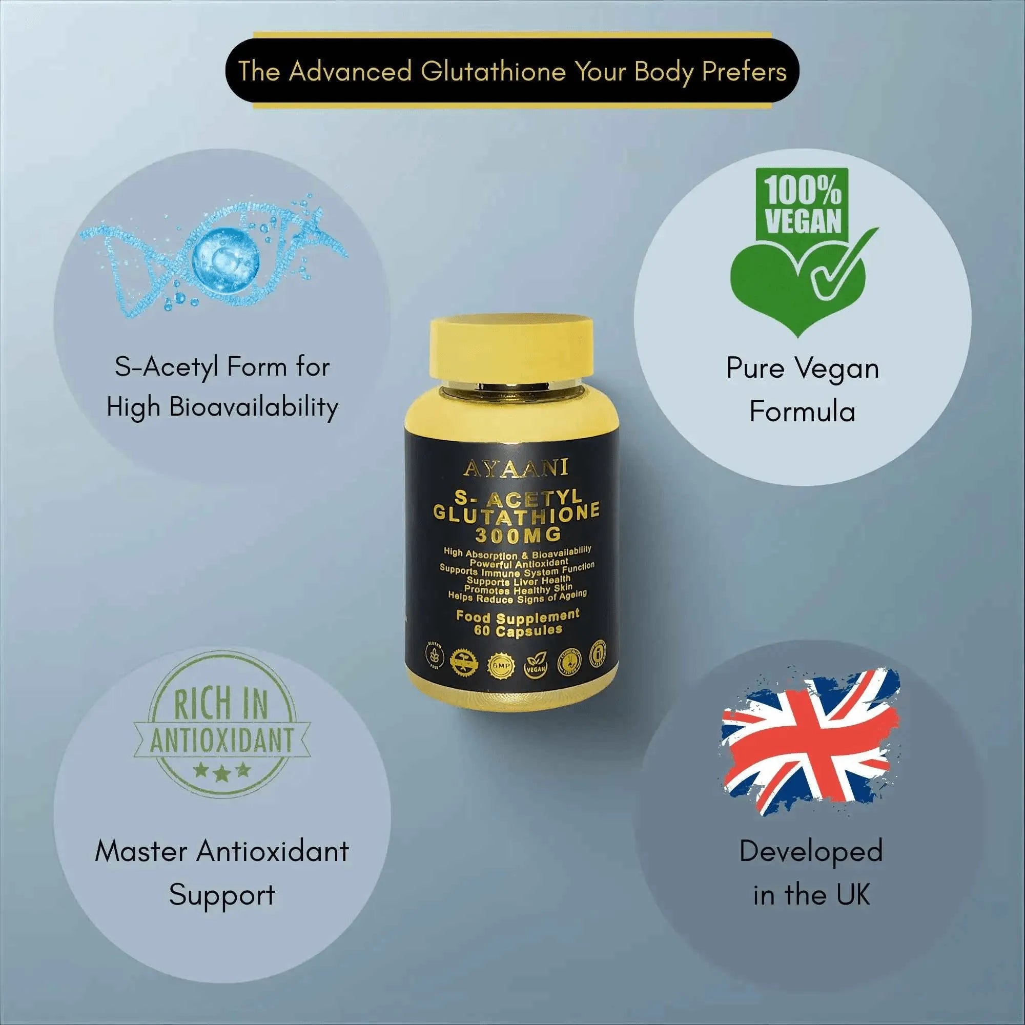 S-Acetyl Glutathione 300mg | High-Absorption Vegan Capsules | Ayaani