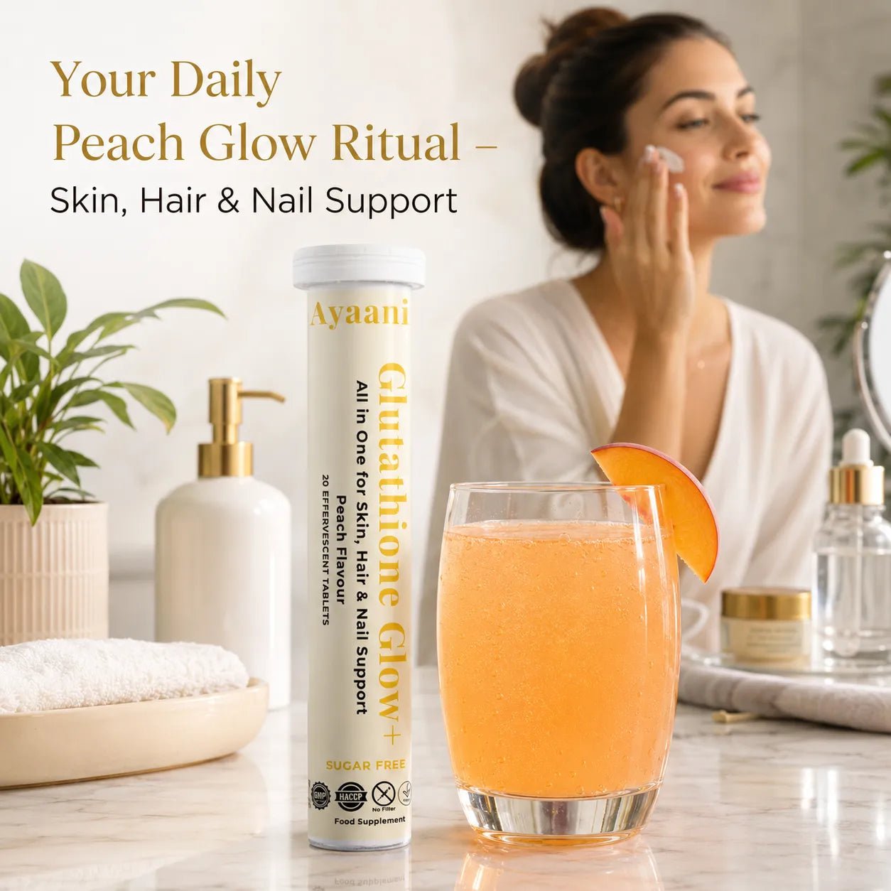 Glutathione Glow+ 1200mg Effervescent | Peach | Vitamin C & Hyaluronic Acid | Ayaani UK